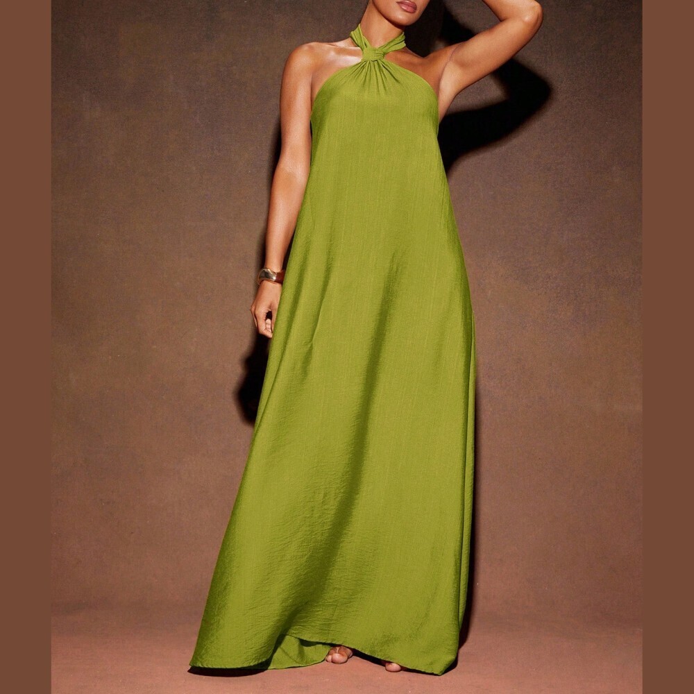Olive Green Halter Maxi Dress With Twisted Neck Tie
